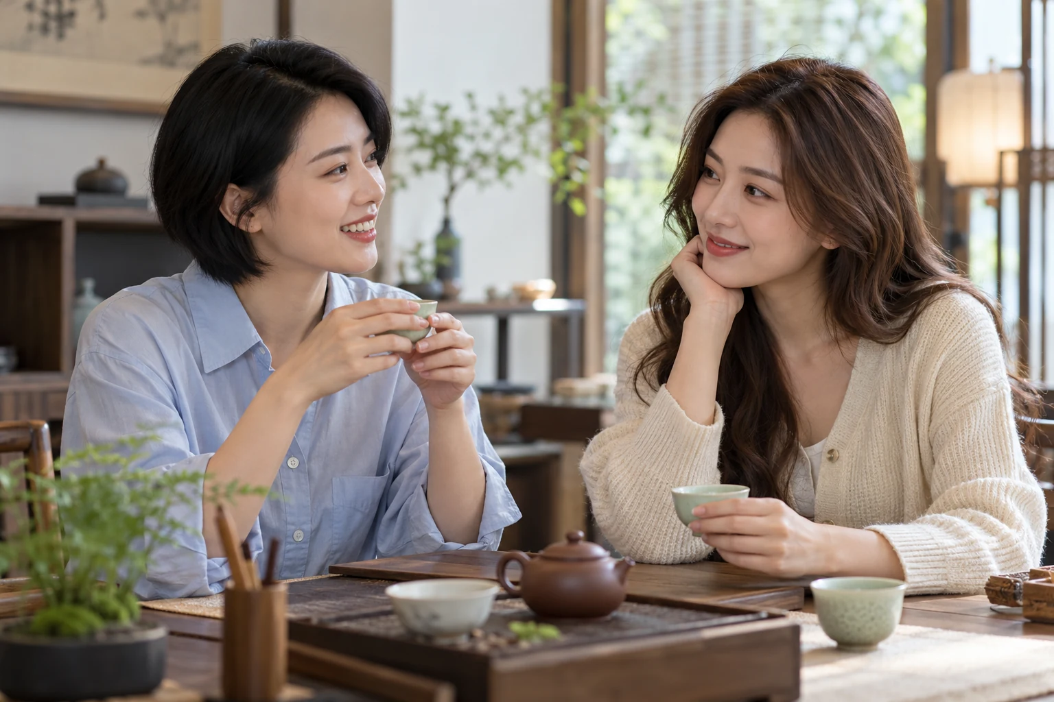 茶室中几位朋友围坐交流的场景示意